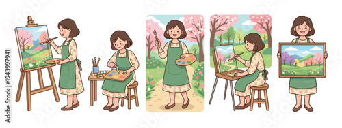 Charming set of four illustrations featuring a female artist painting a beautiful spring landscape on an easel, mixing colors, and proudly displaying her finished artwork