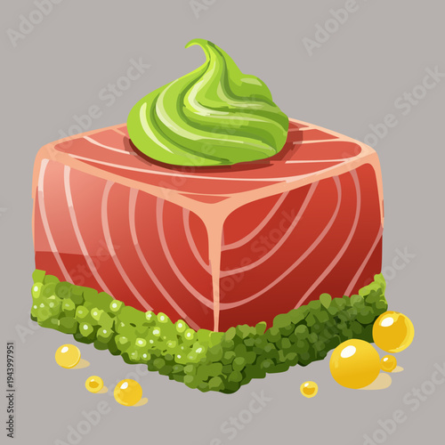 Fresh salmon square topped with wasabi and herb garnish for healthy gourmet seafood appetizer and japanese food menu - Vector Illustration