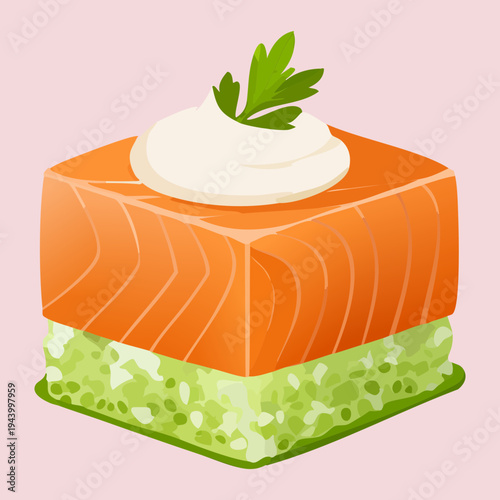 Layered salmon and herb terrine topped with cream for healthy gourmet seafood appetizer and restaurant food menu - Vector Illustration