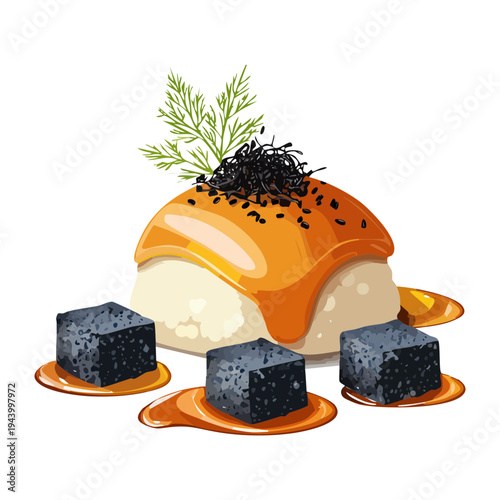 Gourmet meat appetizer with black caviar and herb garnish for luxury restaurant menu and sophisticated party food - Vector Illustration