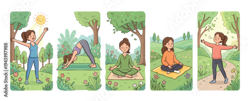 Set of five cute illustrations shows a young woman practicing yoga, meditation, and deep breathing exercises outdoors in a beautiful sunny park for a healthy lifestyle concept
