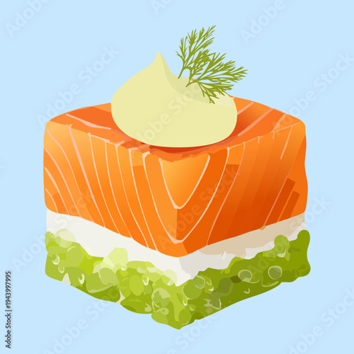 Gourmet salmon mousse appetizer with dill garnish and creamy layers served on a bed of fresh herbs for luxury dining concept - Vector Illustration