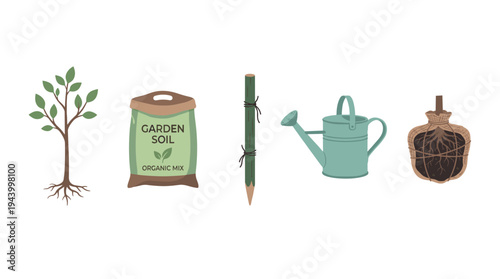 Gardening tools and supplies set for planting a tree, including a sapling, soil bag, stake, watering can, and root ball, in a flat vector illustration style for horticulture
