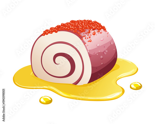 Sweet swiss roll cake with pink glaze and sugar sprinkle for bakery advertisement and delicious pastry shop promotion - Vector Illustration