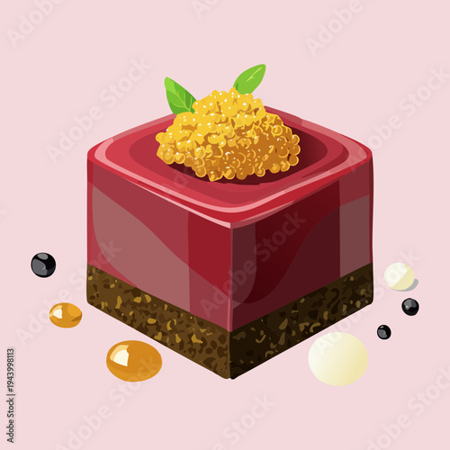 Square beetroot tart with golden topping and herb garnish for healthy vegetarian appetizer and modern vegetable based dining - Vector Illustration