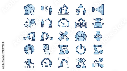 Industrial Robot Safety and Automation Icon Collection for Human-Robot Collaboration and Smart Factory Manufacturing