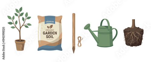 Collection of gardening tools and supplies for planting, including a sapling, soil bag, watering can, stake, and an uprooted plant with its root ball, in a flat vector illustration style
