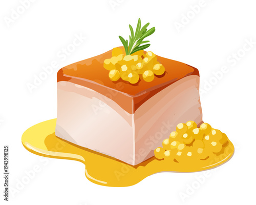 Slice of layered meat terrine with golden sauce and herb garnish for traditional gourmet appetizer and holiday feast - Vector Illustration
