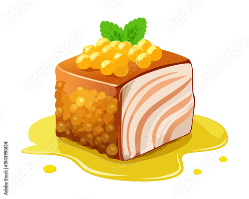 Gourmet pork belly slice with crispy skin and yellow sauce garnish for premium restaurant menu and culinary art - Vector Illustration