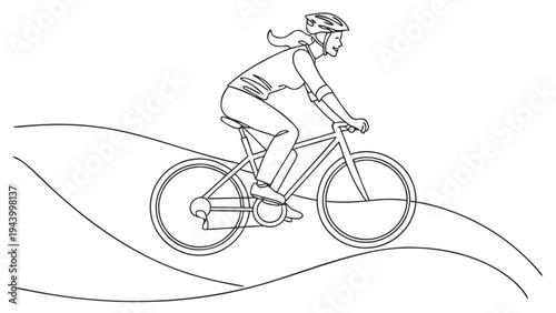 Active woman in helmet cycling on a scenic path, enjoying outdoor adventure