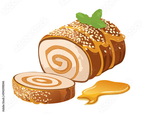Roasted meat roll with herb garnish and sweet sauce for festive dinner party and professional culinary presentation - Vector Illustration