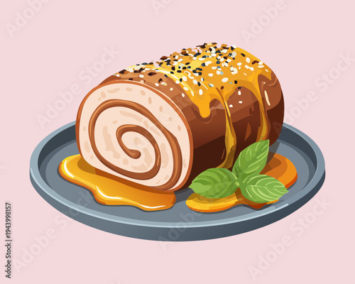 Sliced poultry roll with herbs and golden glaze for rustic holiday appetizer and gourmet deli shop display - Vector Illustration