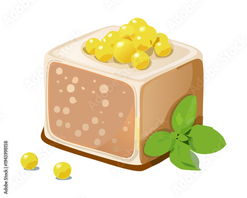 Square tofu appetizer with golden garnish and herb leaf for vegan gourmet menu and healthy plant based snack - Vector Illustration