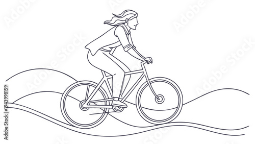 Woman cycling with determination on a wavy path, enjoying the outdoors