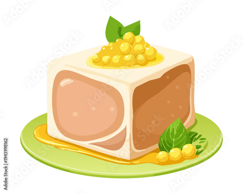 Square pâté appetizer with golden garnish and herb leaf for classic French cuisine and luxury gourmet snack - Vector Illustration