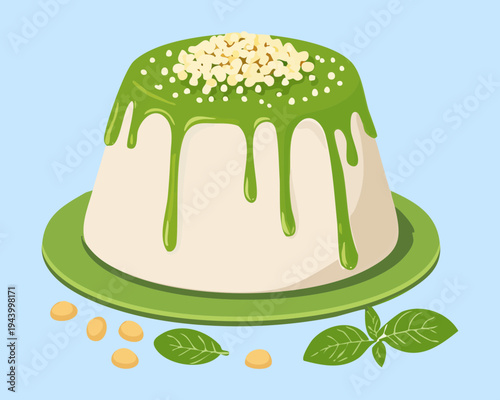 Green jelly pudding with creamy topping and herb garnish for healthy dessert option and modern pastry shop - Vector Illustration