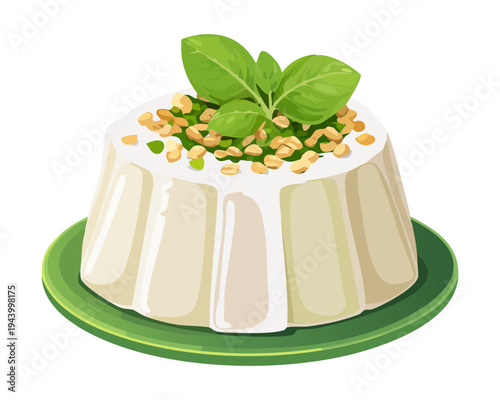 White panna cotta dessert with nut topping and mint leaf for elegant sweet treat and gourmet catering menu - Vector Illustration