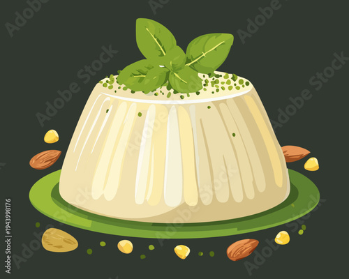 Elegant white mousse dessert with herb garnish and golden sauce for sophisticated pastry shop and wedding catering - Vector Illustration