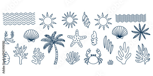 Hand Drawn Ocean Life Elements And Tropical Beach Icons In Blue Outline summer nature