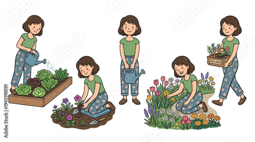 Collection of cute cartoon illustrations showing a woman gardening, watering vegetables in a raised bed, planting flowers, and carrying seedlings in a wooden crate