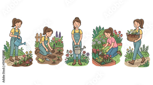 Set of cartoon illustrations showing a woman gardening, planting flowers, watering plants, and carrying seedlings in a basket, depicting a happy and relaxing outdoor hobby