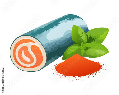 Seafood roll with herb garnish and red spice for creative sushi fusion and modern gourmet appetizer collection - Vector Illustration