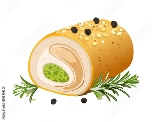 Herb crusted meat roll with green garnish for rustic gourmet appetizer and authentic home style cooking - Vector Illustration