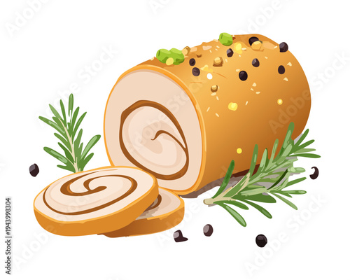 Sliced savory roll with black pepper and rosemary garnish for traditional gourmet appetizer and holiday feast - Vector Illustration