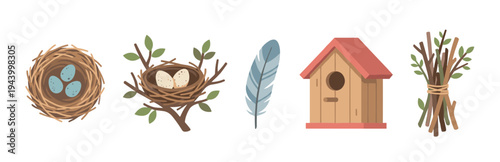 Collection of bird-themed nature illustrations featuring nests with speckled eggs, a single feather, a wooden birdhouse, and a bundle of sticks in a charming flat vector style