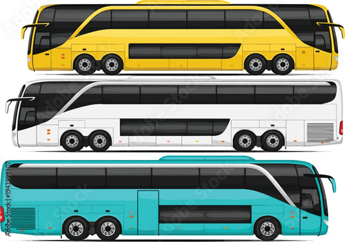 Set of modern coach buses in different colors long distance passenger transport vehicles side view public transportation vector illustration isolated on white background