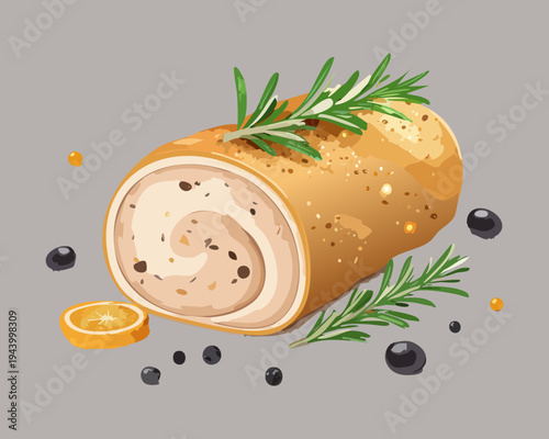 Roasted meat roll slice with herb garnish and orange zest for premium catering menu and gourmet deli - Vector Illustration