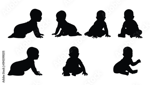 A series of baby silhouettes illustrating various developmental stages and crawling positions in a horizontal and vertical layout