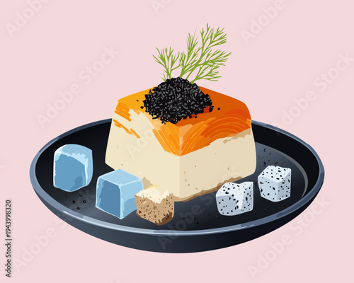 Savory panna cotta with black caviar and herb garnish for luxury gourmet appetizer and modern dining experience - Vector Illustration