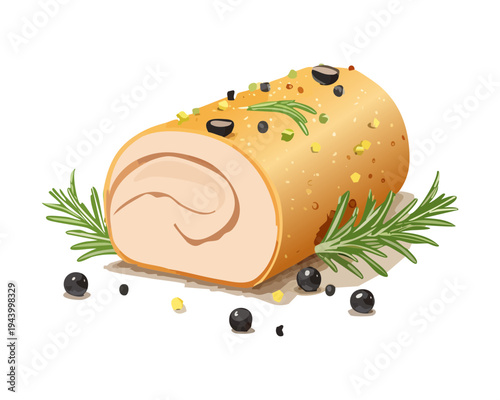 Peppered chicken roll slice with herb garnish for traditional banquet menu and high quality gourmet deli shop - Vector Illustration
