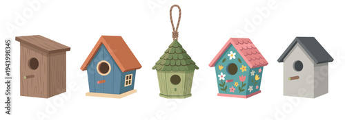 Collection of five colorful cartoon birdhouses with various designs, including a simple wooden house, a hanging one, and another decorated with flowers in a flat vector style