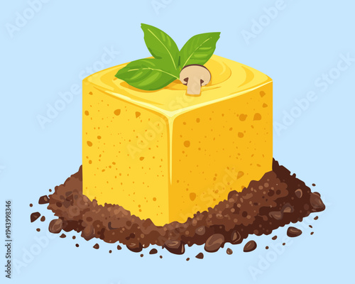 Square polenta cake with mushroom topping and herb garnish for rustic Italian gourmet appetizer and healthy dining - Vector Illustration