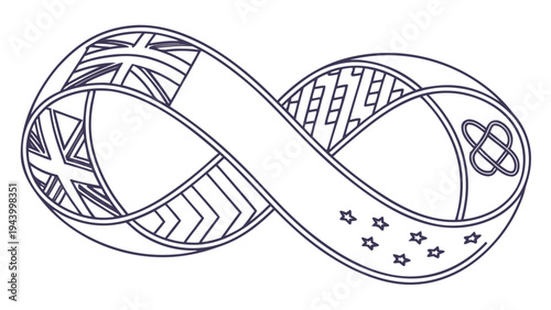 Abstract infinity symbol with diverse cultural patterns and symbols