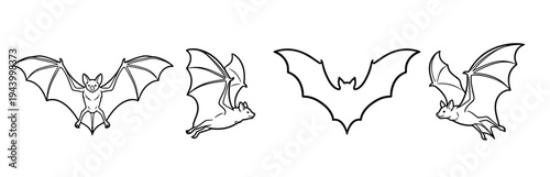 Four black and white bat line drawings and a simple silhouette icon presented as a collection of spooky flying nocturnal animals for Halloween design