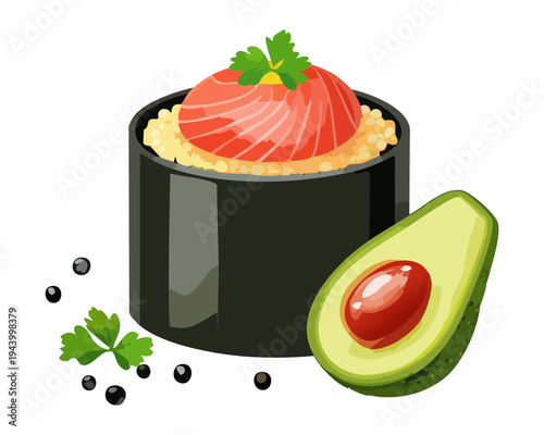 Creative sushi appetizer with salmon and avocado layers topped with microgreens for modern Japanese fusion menu - Vector Illustration