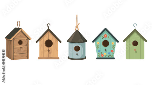 Collection of five different wooden birdhouses in a row, featuring colorful painted designs, floral patterns, and various shapes in a charming and cute cartoon vector illustration