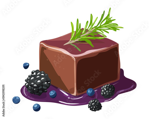 Dark chocolate dessert cube with rosemary and blackberry garnish for premium pastry shop and elegant sweet treat - Vector Illustration