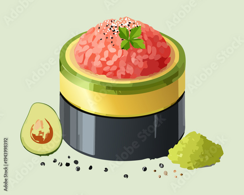 Layered seafood appetizer with salmon and tuna topped with microgreens for luxury dining and gourmet catering - Vector Illustration