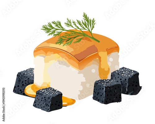 Gourmet fish appetizer with citrus garnish and herb cream for elegant seafood menu and luxury catering event - Vector Illustration