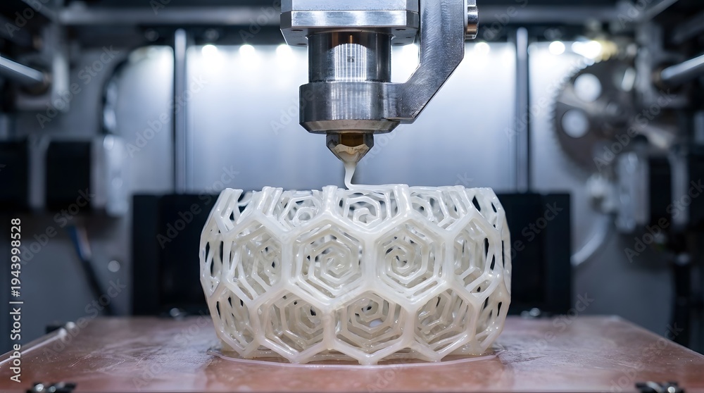 Fototapeta premium A close-up shot of a 3D printer nozzle extruding white plastic material to construct a complex, geometric honeycomb structure.