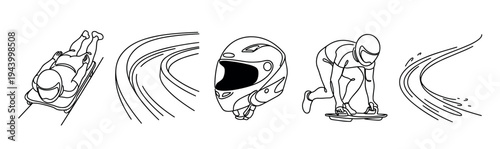 Set of skeleton sport continuous line drawings showing an athlete lying on a sled, a racer in a starting pose, a protective helmet, and abstract speed lines for competition
