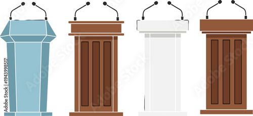 Set of podiums with microphones vector illustration, political speech stage lecterns collection, conference debate stand design, public speaking platform isolated on light background