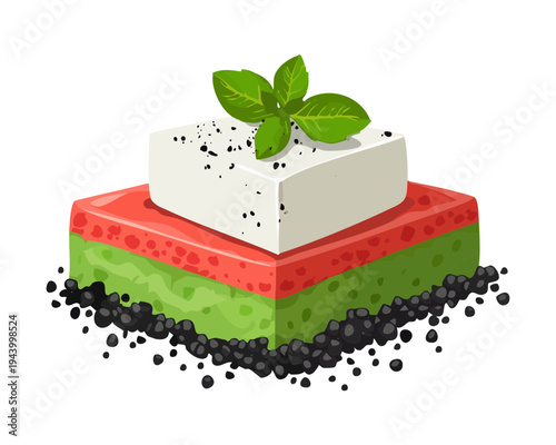 Gourmet vegetable stack with cream and herb garnish for healthy vegetarian appetizer and creative culinary art - Vector Illustration