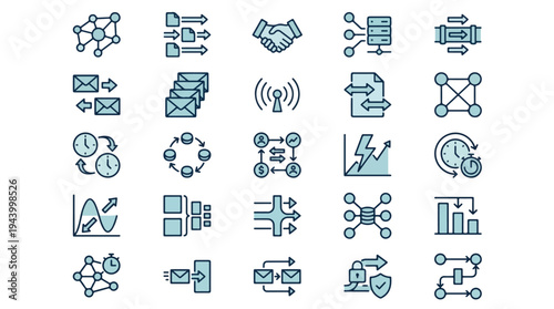 Fleet Management and Vehicle Tracking Telematics Icon Set: GPS Navigation, Truck Logistics, Car Diagnostics, Fuel Monitoring, Speedometer, Engine Maintenance, Driver Safety, and Data Analytics UI