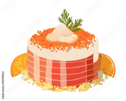 Pink layered dessert with cream topping and orange garnish for elegant sweet treat and gourmet pastry shop - Vector Illustration