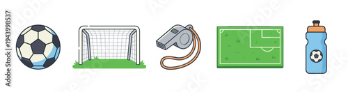 Set of five soccer equipment icons including a ball, goal, whistle, field, and water bottle in a flat cartoon illustration style for sports and competition concepts